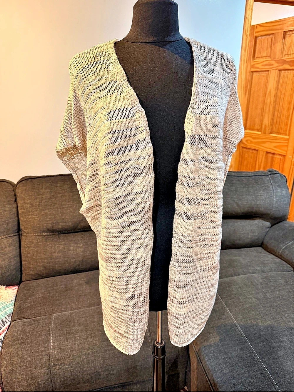Saint Tropez West Striped Open Front Knit Shrug in Cream & Gray metallic XL
